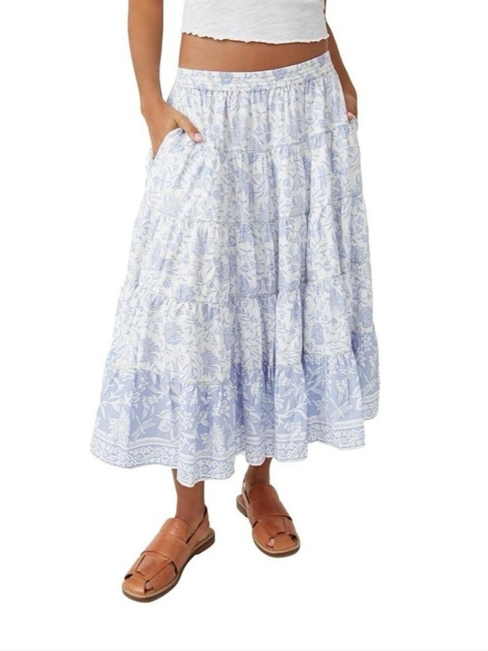 Free people large In Full Swing Skirt Blue Heron Floral Tiered Women's midi